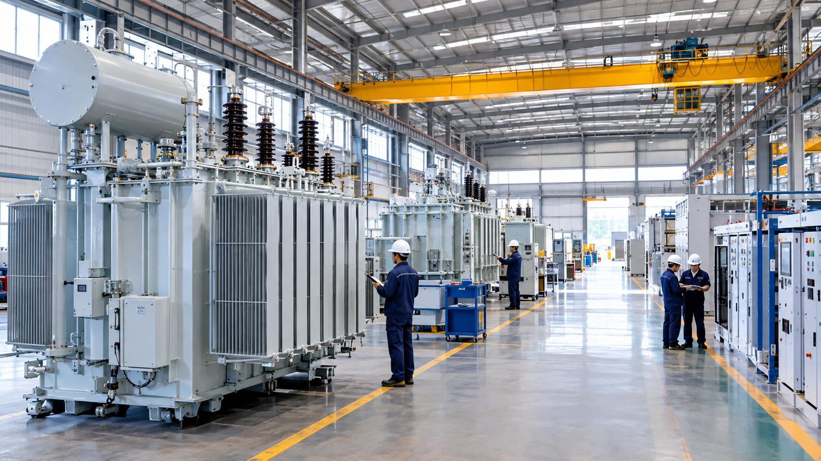 Modern transformer production workshop with inspection staff